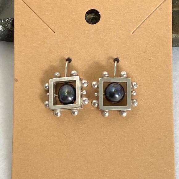 Sterling Silver 925 Modernist Style Square Freshwater Pearl Dangle Earrings - Picture 11 of 16